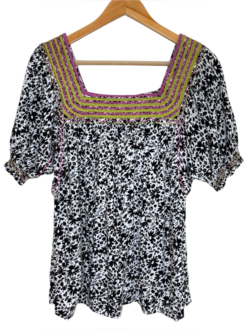 Sister Mary top black white print pink green stitch square neck size XS